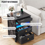 Farmhouse LED Nightstand Set 2 with Gun Drawer&Invisible Lock,Modern Bedside Table with Human Sensor Design,Rustic Side Table with Wireless Charging for Living Room, Black
