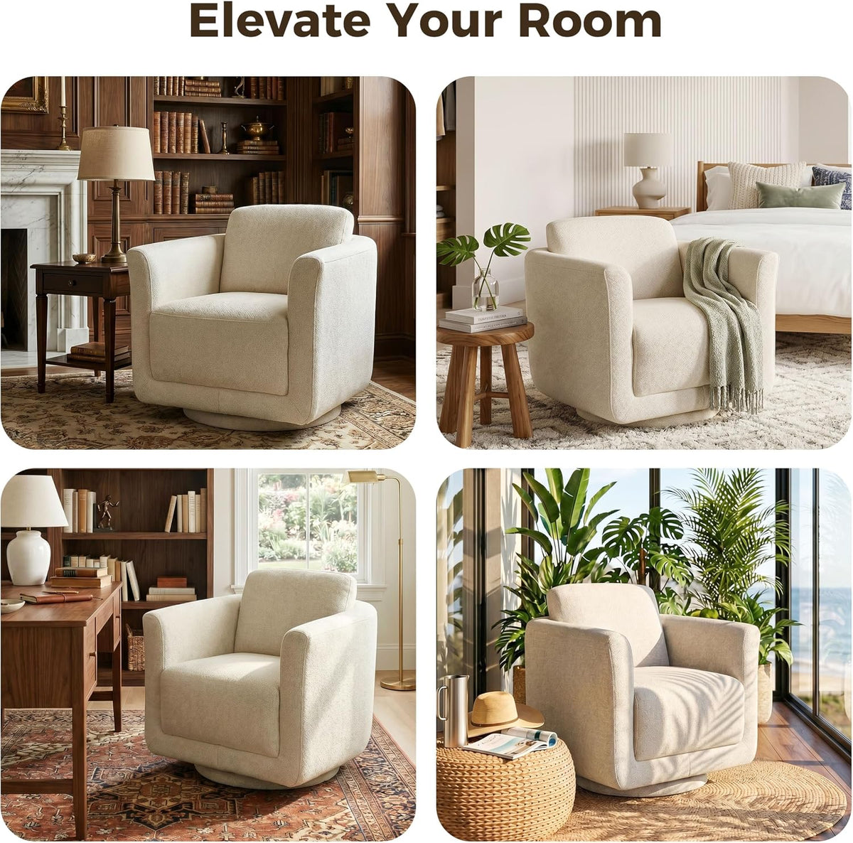 Swivel Accent Chair, 360° Barrel Chair with Solid Wood Frame & Removable Ergonomic Support Back Cushion, Fully Assembled Chenille Armchair for Living Room & Bedroom, Beige