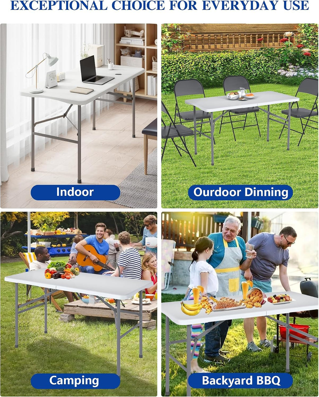 4FT Folding Tables – Heavy Duty Portable Foldable Picnic Table with Built-in Handle, 450 lb Capacity – Ideal for Events, Parties, Crafts, Camping & Dining (4-Pack, White)