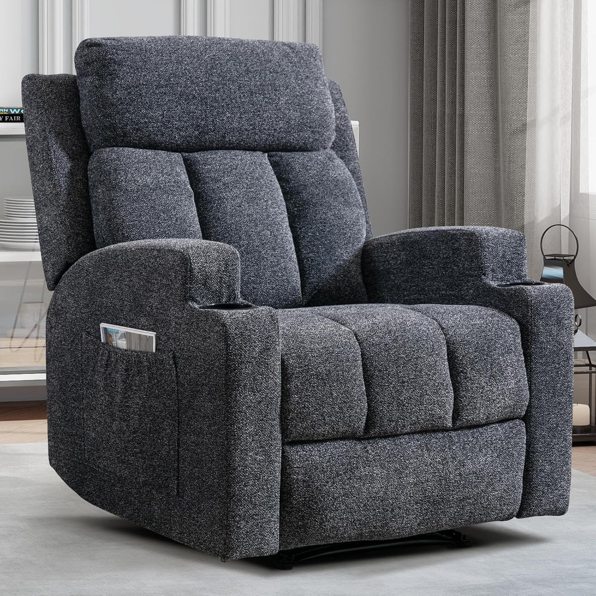 CANMOV Manual Recliner Chair with Massage and Heat, Soft Fabric Recliner Chair with Overstuffed Arm and Back, Manual Reclining Single Sofa with 2 Cup Holders, Side Pocket for Living Room, Dark Grey