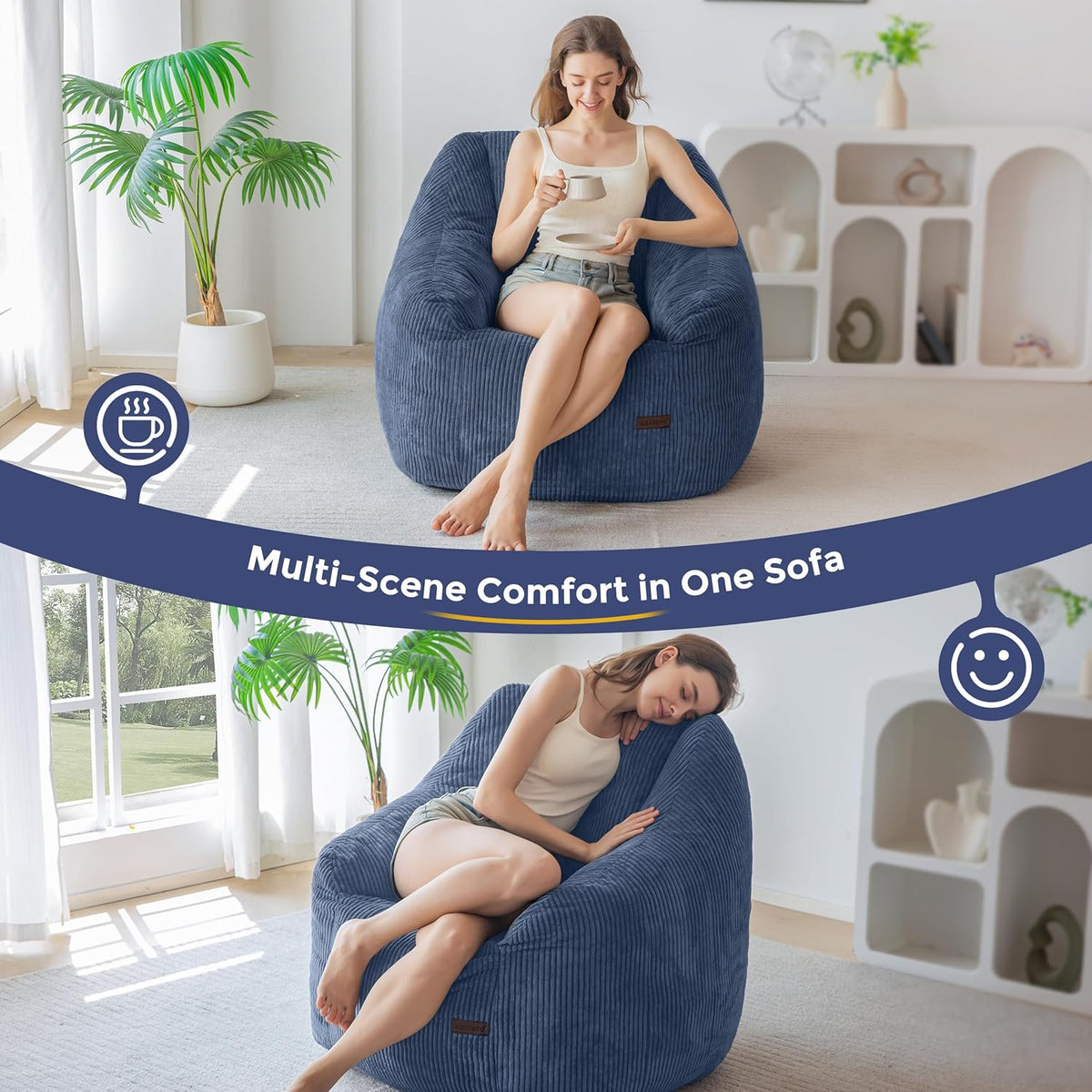 MAXYOYO Bean Bag Chair for Adults, Foam-Filled Floor Sofa for Reading | Bean Bag Chair for Adult with Filler, Cozy Living Room Chair for Bedroom Dorm, Dusty Blue