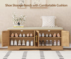 Rattan Shoe Storage Bench, 47.2" Wide Entryway Bench, Natural Oak | 2 Tier Shoe Bench with Padded Cushion, Hidden Shoe Rack Bench with Adjustable Shelves, for Hallway Living Room, Bedroom
