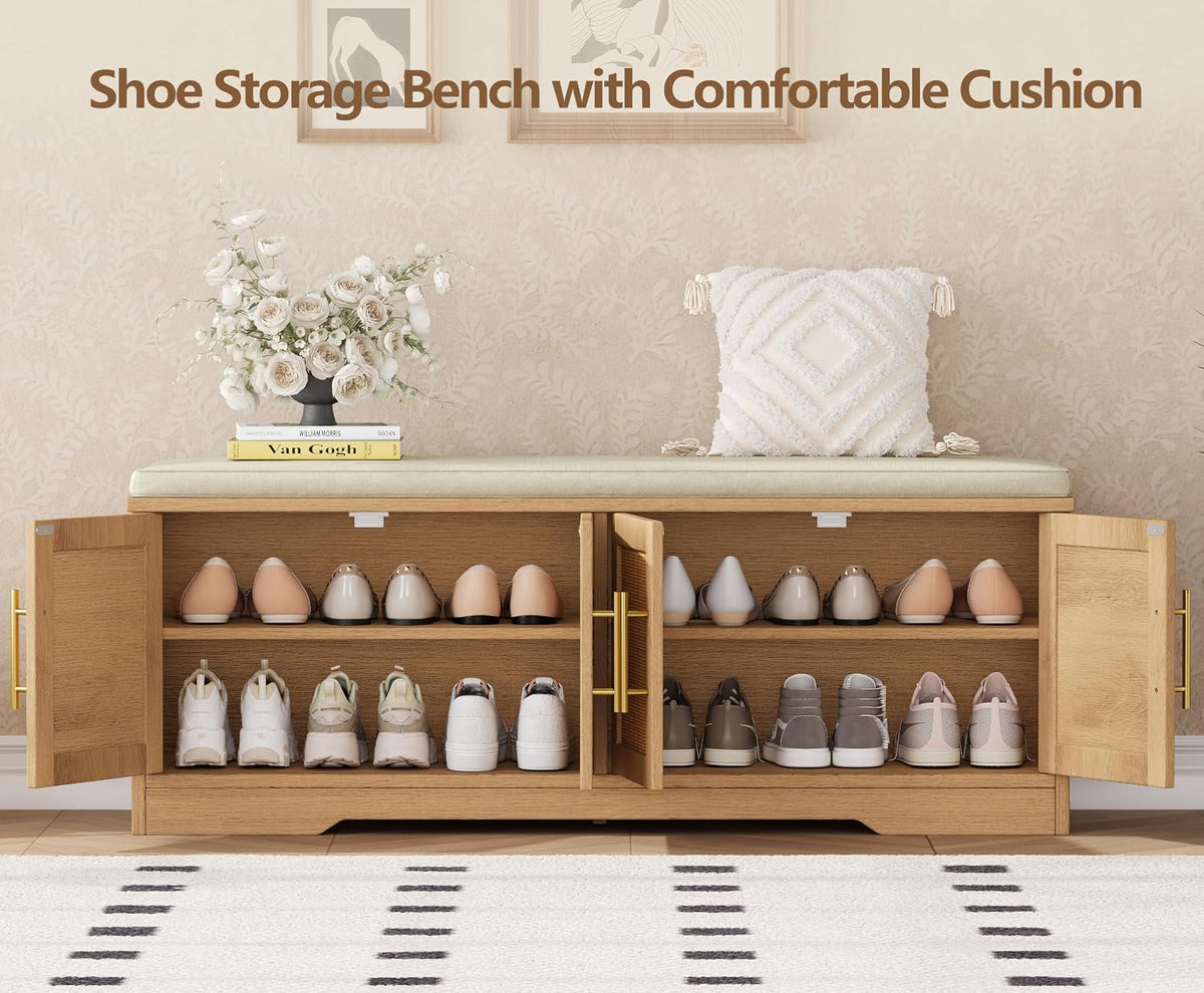 Rattan Shoe Storage Bench, 47.2" Wide Entryway Bench, Natural Oak | 2 Tier Shoe Bench with Padded Cushion, Hidden Shoe Rack Bench with Adjustable Shelves, for Hallway Living Room, Bedroom