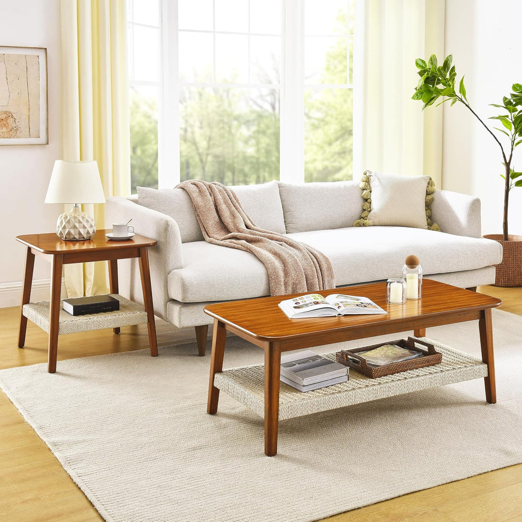 Mid Century Modern End Table with Shelf, 2-Tier End Table with Storage, Small Bedside Tables or Living Room, Walnut