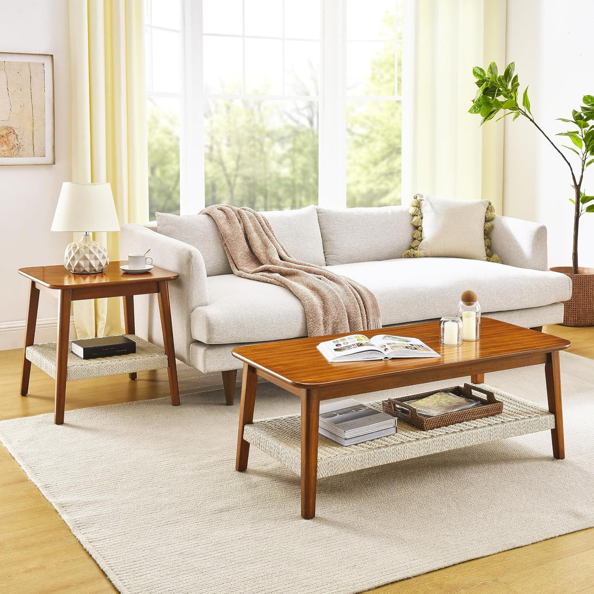 Mid Century Modern End Table with Shelf, 2-Tier End Table with Storage, Small Bedside Tables or Living Room, Walnut