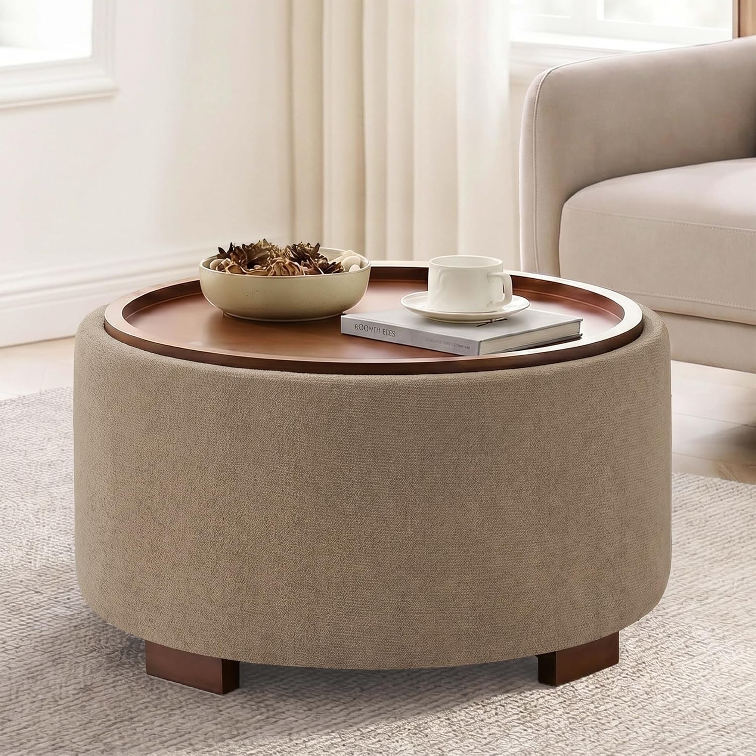 Huatean Home 29.1 Inch Round Coffee Table, Storage Ottoman with Removable Lid Top and Solid Wood Legs, Round Ottoman with Storage for Living Room, Bedroom, Corners, Entryway, Boucle Ottoman, Camel