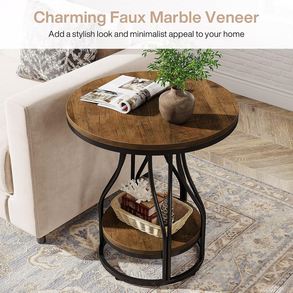 Tribesigns Round Side End Table 2-Tier End Tables Modern Bedside Table Small Chirside Tables with Storage for Couch Side, Nightstand with Metal Frame for Living Room (1, Brown+Black)