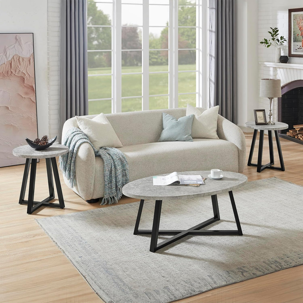 Polay Coffee Table Set 3-Piece Oval Wood with 2 Round End Tables | Modern 3-piece set with durable MDF tops and solid rubberwood legs. Oval coffee table plus two round end tables for a co