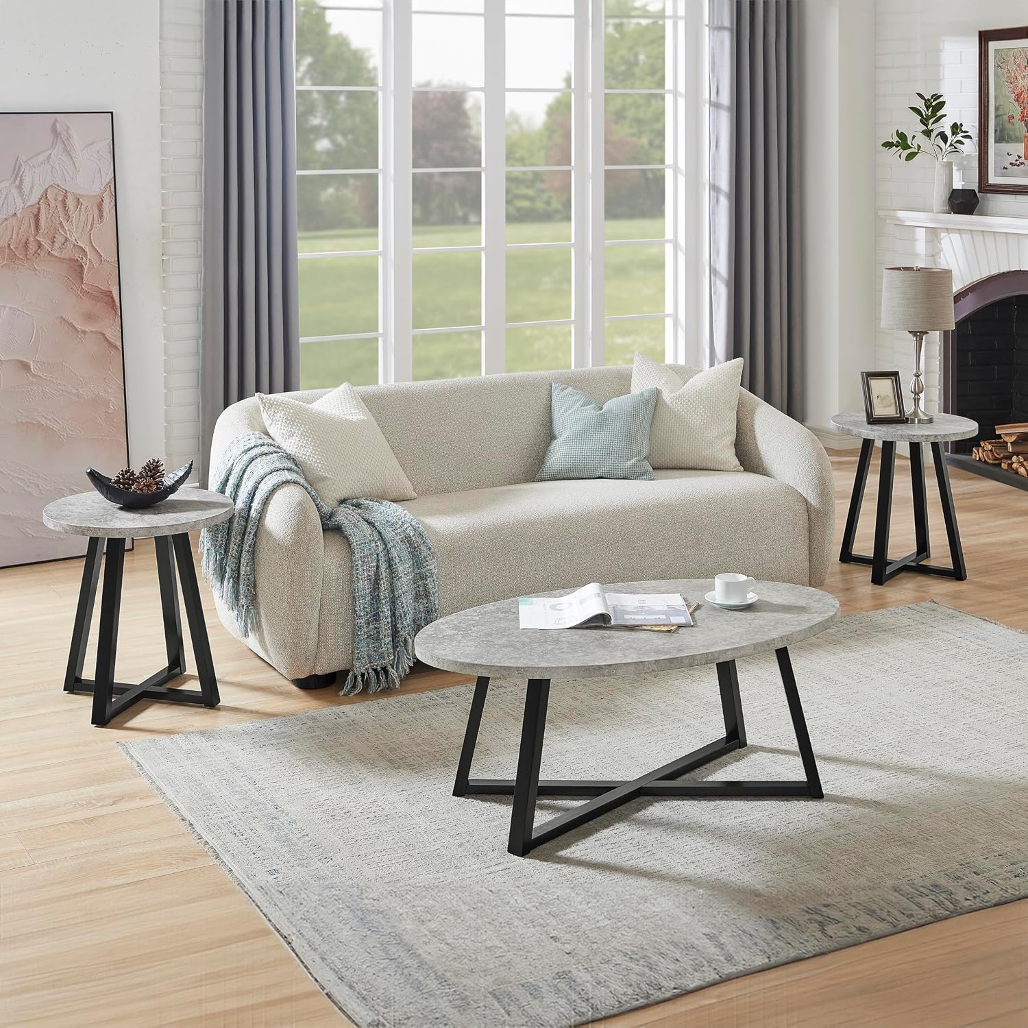 Polay Coffee Table Set 3-Piece Oval Wood with 2 Round End Tables | Modern 3-piece set with durable MDF tops and solid rubberwood legs. Oval coffee table plus two round end tables for a co