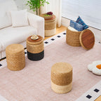 Wimarsbon Storage Pouf Ottoman, Hand Weaving Natural Straw Foot Stool, Bohemian Round Patio Ottomans, Rustic Lounge Pouffe, Outdoor Extra Seat for Garden