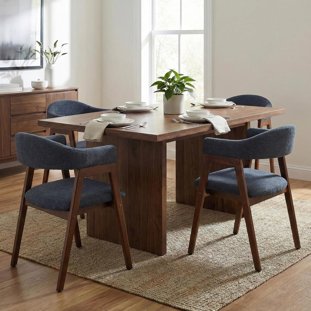 VKNOW Wooden Dining Chairs Set of 4, Modern Fabric Upholstered Kitchen Armchairs with Curved Open Back and Solid Wood Legs, Farmhouse Dining Room Chairs for Kitchen, Navy