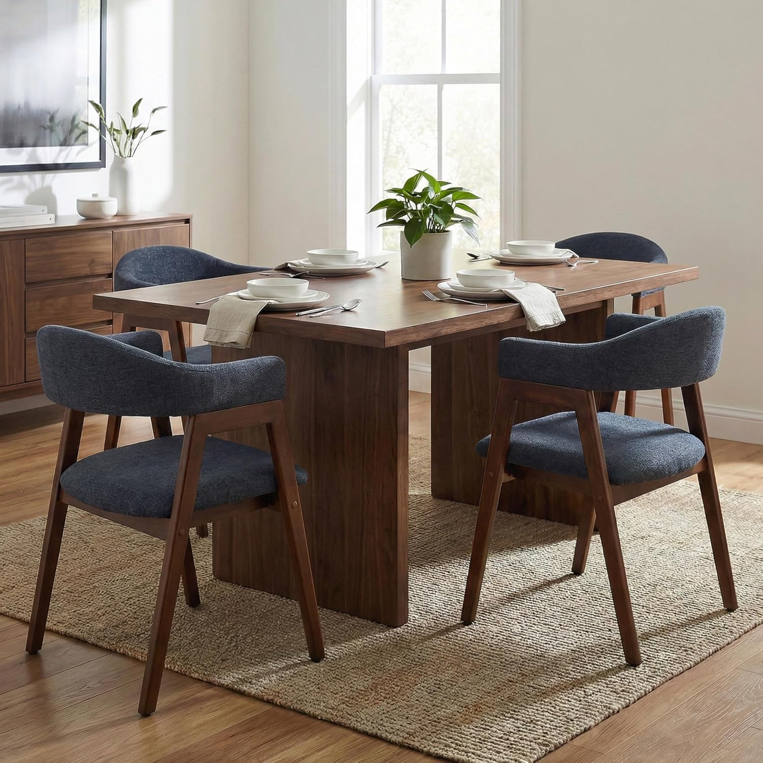 VKNOW Wooden Dining Chairs Set of 4, Modern Fabric Upholstered Kitchen Armchairs with Curved Open Back and Solid Wood Legs, Farmhouse Dining Room Chairs for Kitchen, Navy