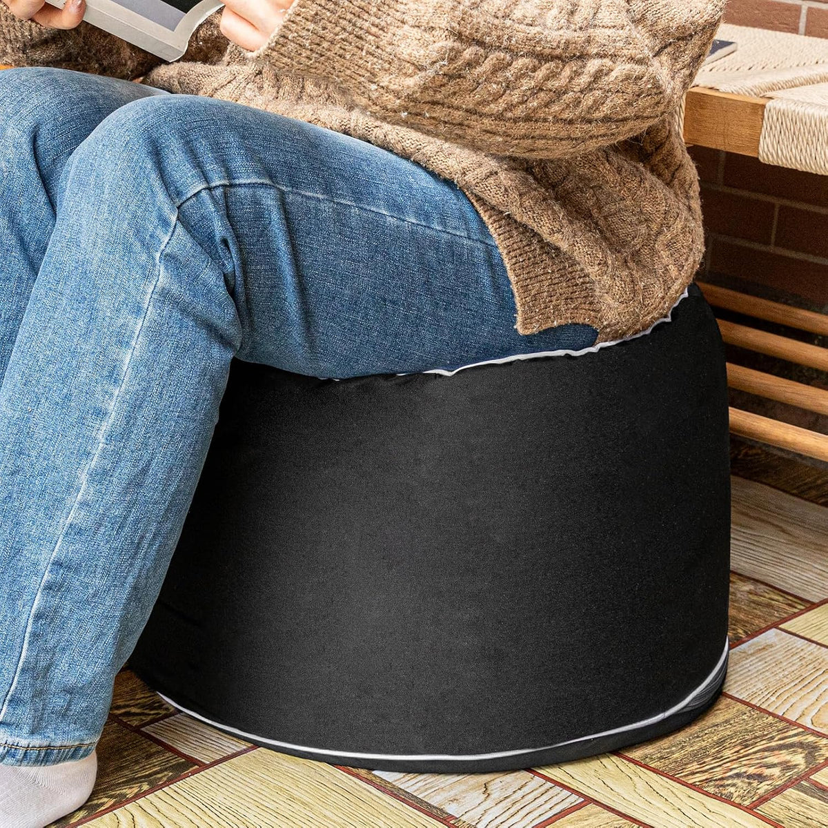 Outdoor Ottomans for Patio Pouf Waterproof Fade-Resistant Ottoman Foot Rest for Outdoor - Ottoman Chair Filled with High-Density All-in-One Foam, 20" D x 14" H Inches (Black, Round)