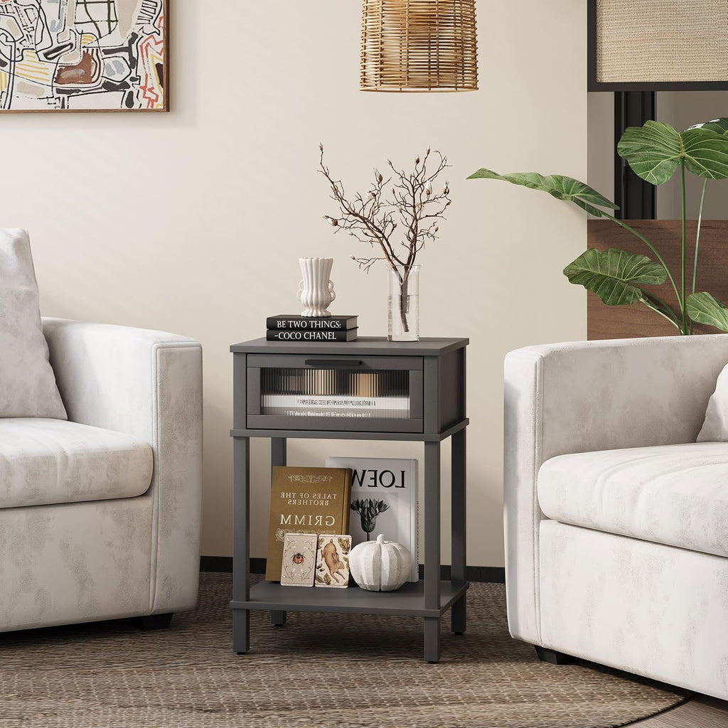 Nightstand Wooden Bedside Table with Drawer Grey Night Stands Modern Style Small End Table Side Table with Storage Shelf for Bedroom Living Room MLBZ10G
