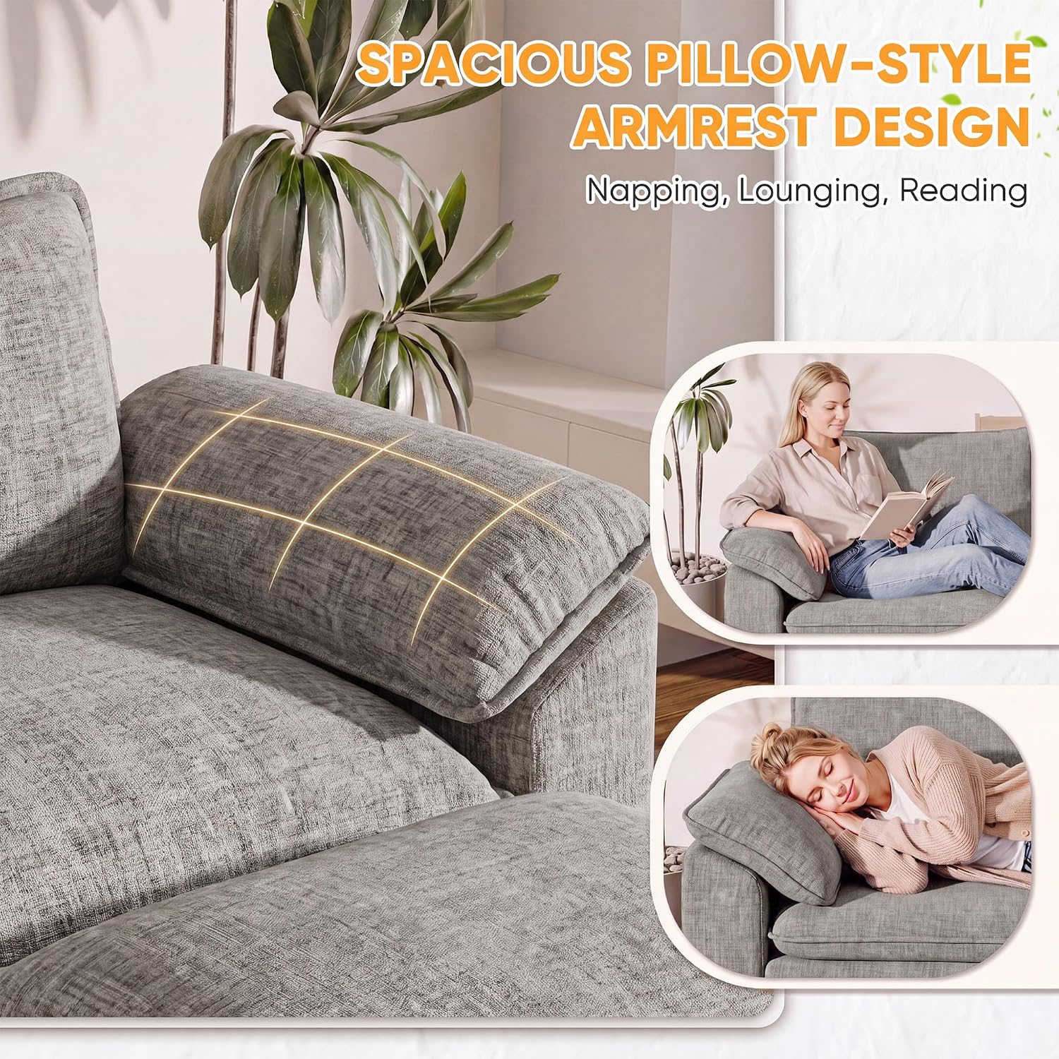 Homall 118.9" L Shaped Cloud Couch, Modular Sectional Sofa for Living Room | Comfy Chenille, Movable Ottoman, 30" Deep Seat, Washable Cover, Sturdy Frame, High-Density Foam, Easy Assembly, Light Grey