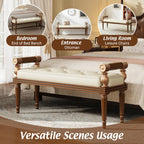 Christopher Knight Home Yae Luxurious PU Leather Upholstered End of Bed Ottoman, Wooden Living Room Ottoman Bench with Fluted Legs/Cylindrical Arm, Long Entryway Bench with Button Tufting, Brown+Beige