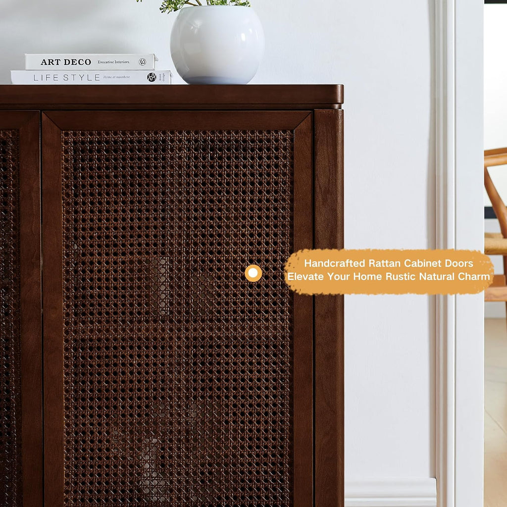 LKTART Small Sideboard Buffet Cabinet,Narrow Kitchen Storage Cabinet with 2 Rattan Doors,Mid Century Modern Thin Console Table for Living Room,Entryway(39.4" Walnut)