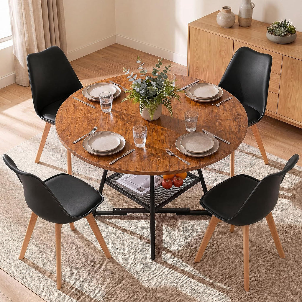 42in Round Dining Table Set for 4, Kitchen Table with Chairs | Circle Table, PU Leather, Metal Cross Base, Storage Shelf, Breakfast Nook, Space-Saving, Apartment, Living Room, Brown Black