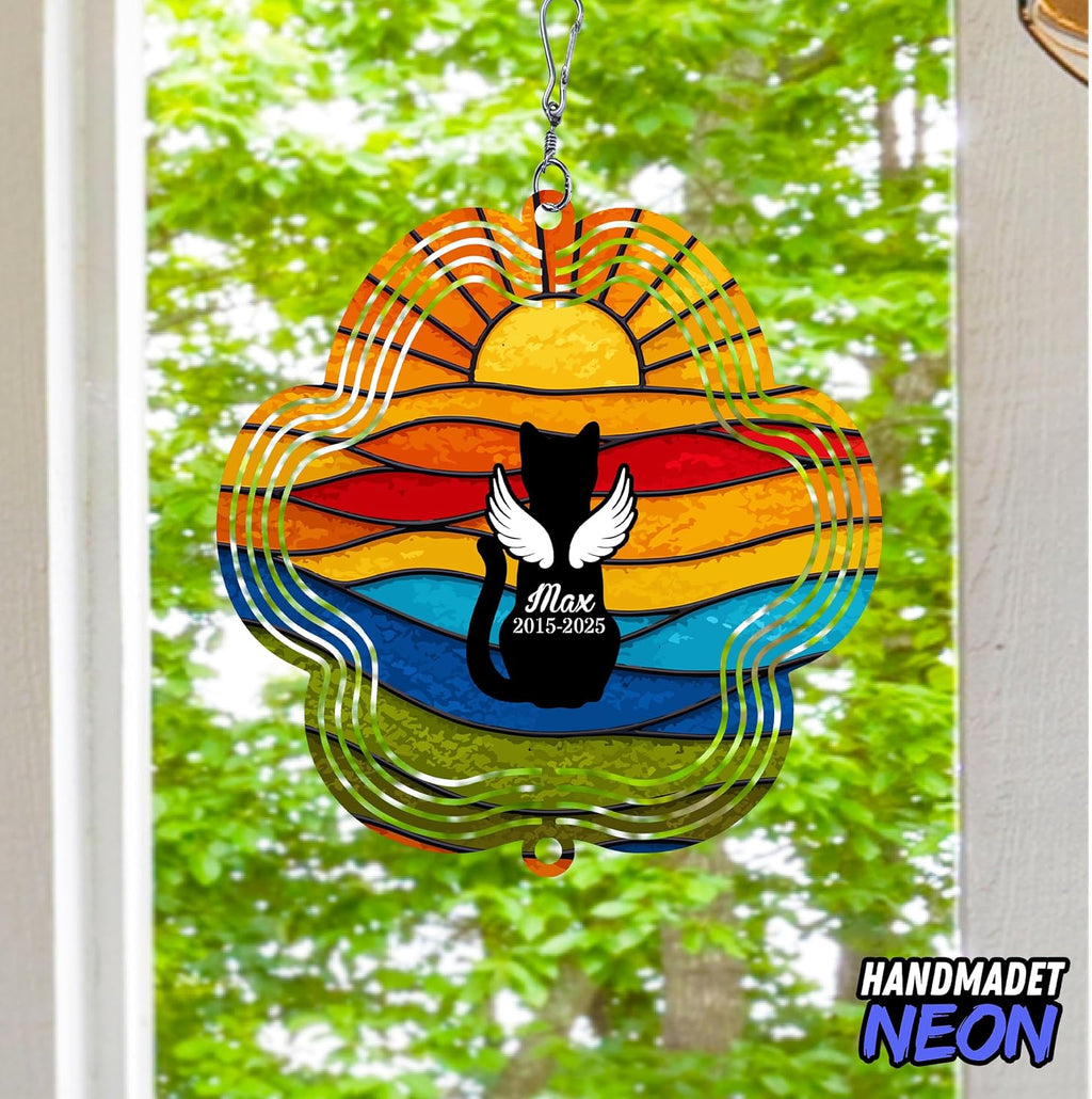 Personalized Cat Memorial Wind Spinner Metal Outdoor Art, Custom Rainbow Angel Wings 3D Kinetic Sculpture, Ornament Hanging Pet Sympathy Gifts for Cats