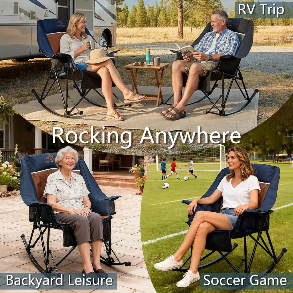 400lbs Rocking Camping Chair, Oversized Heavy Duty XL Folding Rocker for Adults, Padded High Back Big & Tall Support, with Cup Holders & Carry Bag for RV, Lawn, Patio & Sports
