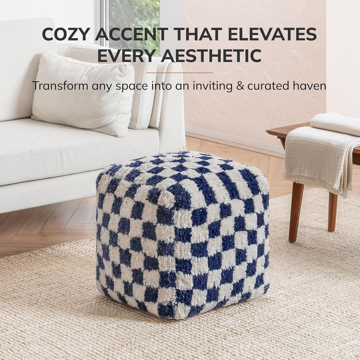 Anji Mountain Artisan Crafted Cotton Blend Pouf Ottoman | Versatile Floor Seating & Footstool for Living Room | Modern Boho Home Décor Accent | Filled Pouffe | Soft & Fluffy Ottoman Pouf, Lightweight, Decorative Floor Pouf Seating for Bedroom & Home