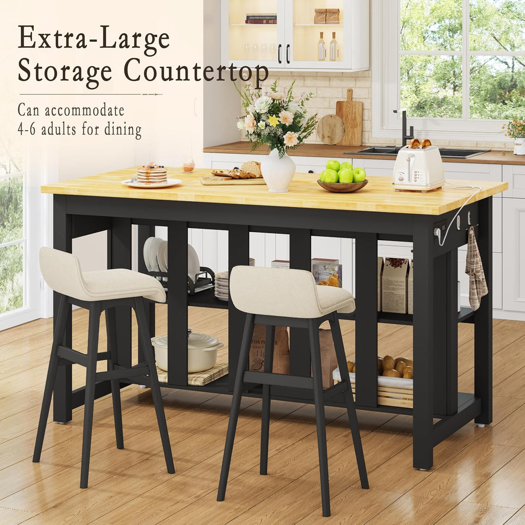 Kitchen Island with Storage for Kitchen Dining Room (Black) | Charging outlet, 2 Drawers and 6 Hook