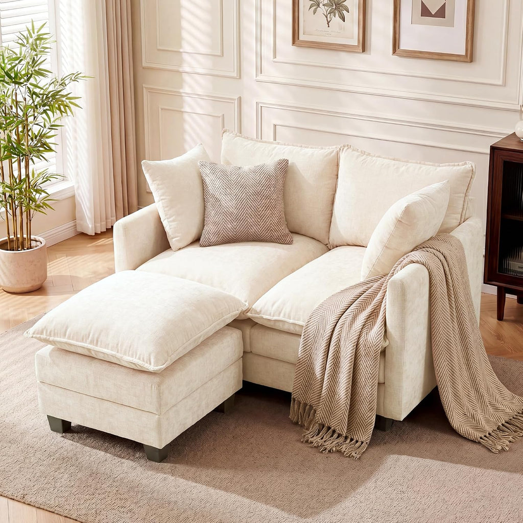 L-Shape Loveseat Sofa Couch with Ottoman, Small 50" Love Seat 27" Deep Cloud Sofa Washable Chenille Pillow for Apartment Bedroom Dorm Attic Studio Office Living Room Small Space 50-Beige-L-1