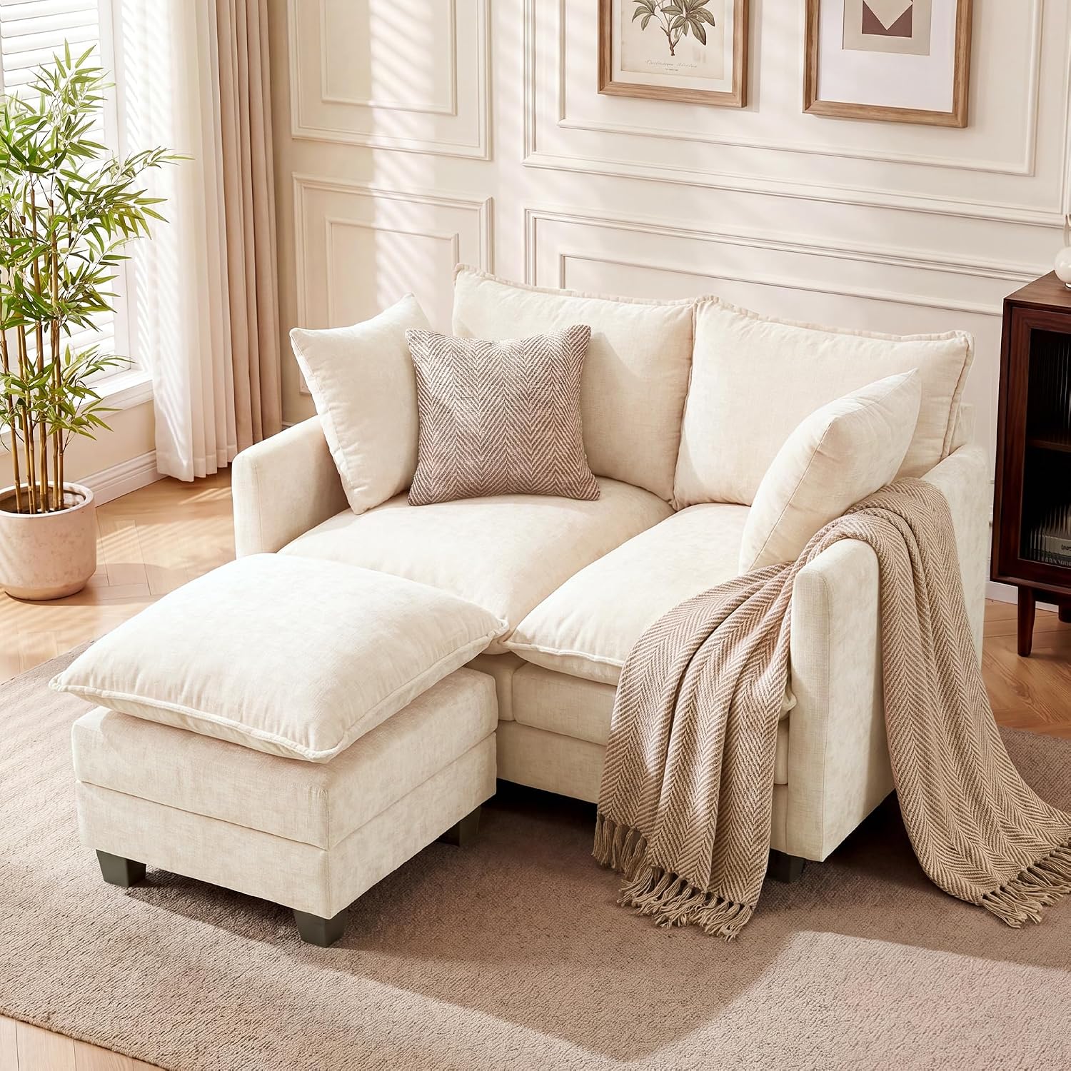 L-Shape Loveseat Sofa Couch with Ottoman, Small 50" Love Seat 27" Deep Cloud Sofa Washable Chenille Pillow for Apartment Bedroom Dorm Attic Studio Office Living Room Small Space 50-Beige-L-1