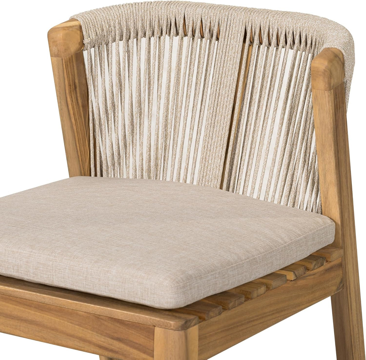 Christopher Knight Home Cuz Patio Barstool Set of 2, Outdoor Counter Height Stool with Sturdy Acacia Wood Frame and Rope Backrest, Bar Stool with Seat Cushion for Backyard Garden, Beige + Teak