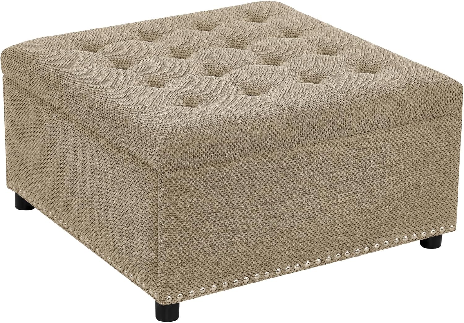 Oversized Square Ottoman with Storage for Living Room, Upholstered Fabric Tufted Footstool with Storage, Mid Century Modern Ottoman Foot Rest for Chair, Camel