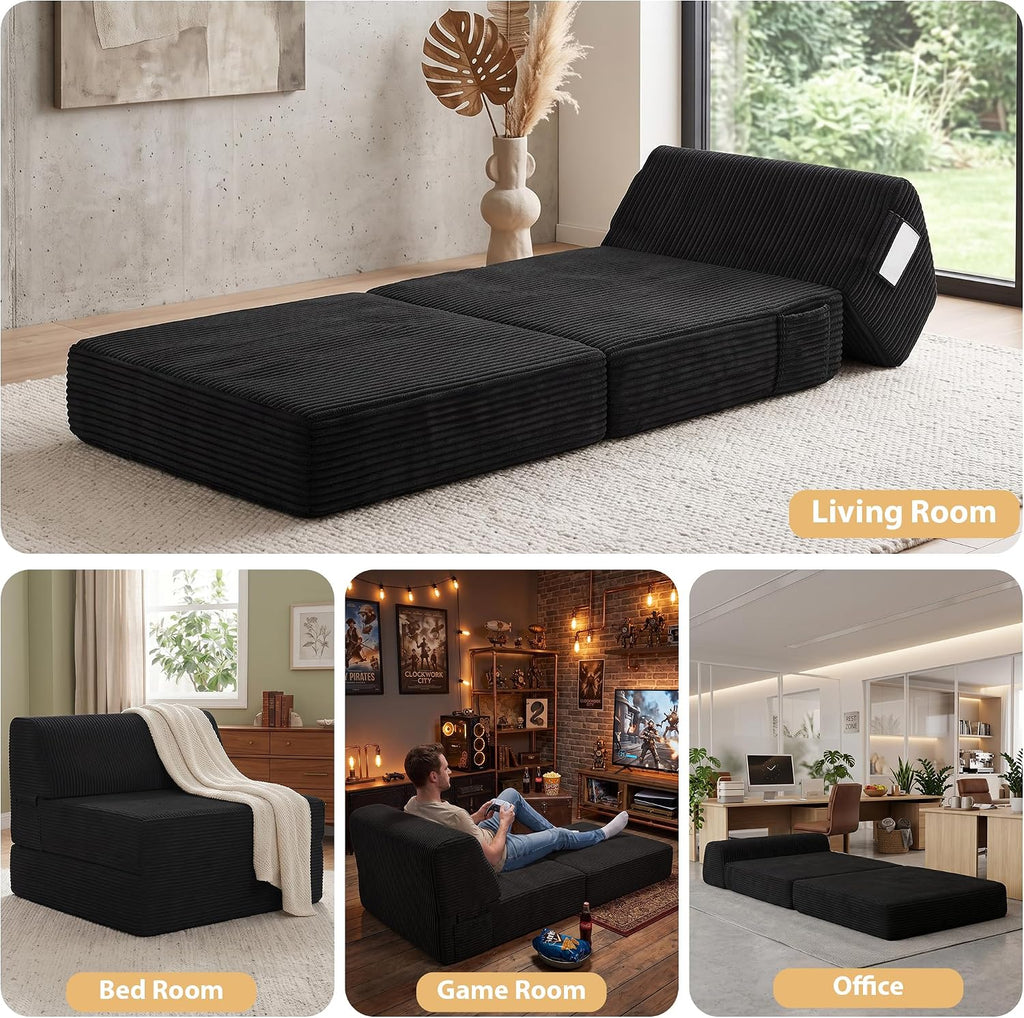 Kasunpul Folding Sofa Bed with Pillow, Memory Foam Fold Out Chair Bed, Convertible Sleeper Chair with Washable Cover, Futon Floor Couch for Living Room/Dorm/Guest Use/Home Office/Apartment, Black New