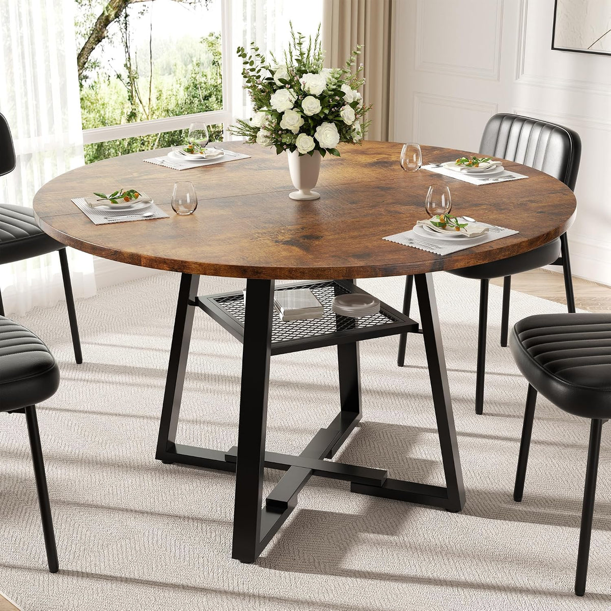 47 Inch Round Dining Table for 4-6 People,Modern Circle Dining Room Table Kitchen Table with Metal Legs for Dining Room,Kitchen,Vintage(Table Only)