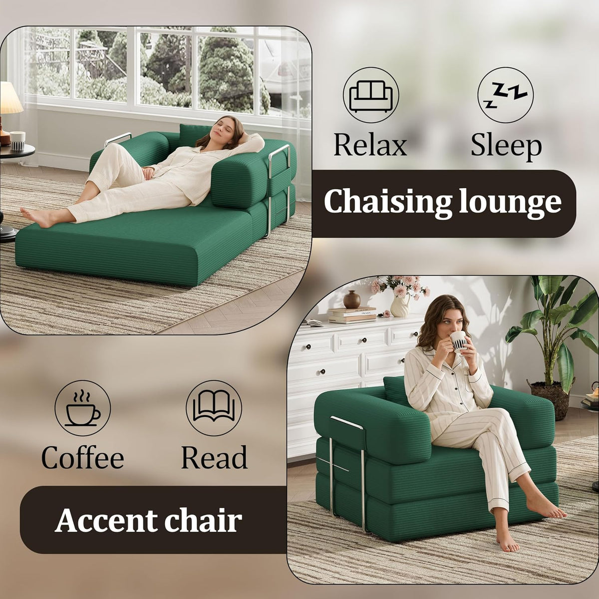 Single Couch Sofa for Small Spaces, 2-in-1 Single Sofa with Soft Corduroy Foldable Chair Lounger Sleeper Sofas for Small Apartment, Living Room, Home Office (Green, 35.43" Single Sofa)