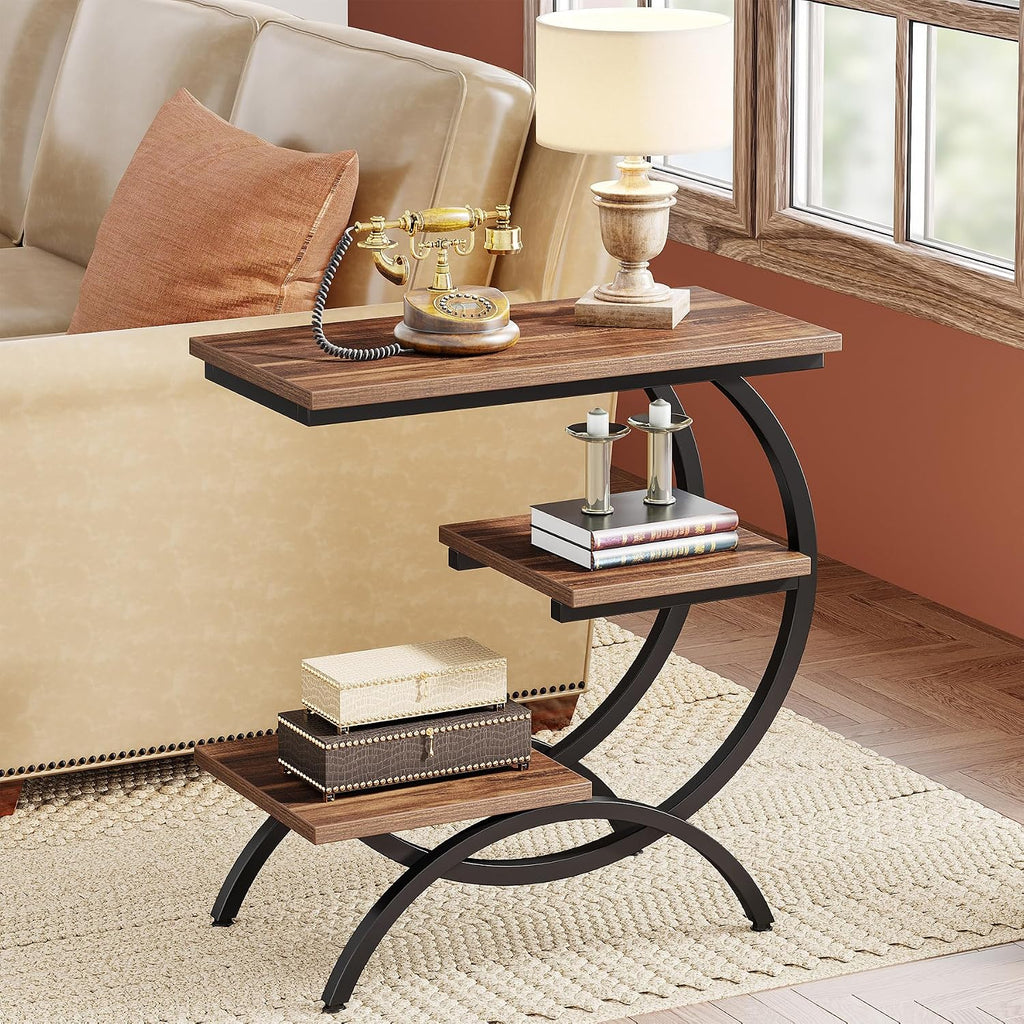 Tribesigns C Shaped End Table, Small Side Table for Couch, Industrial 3-Tier Couch Table, Wood Bedside Table, C Side Table for Small Spaces, Living Room, Dark Brown