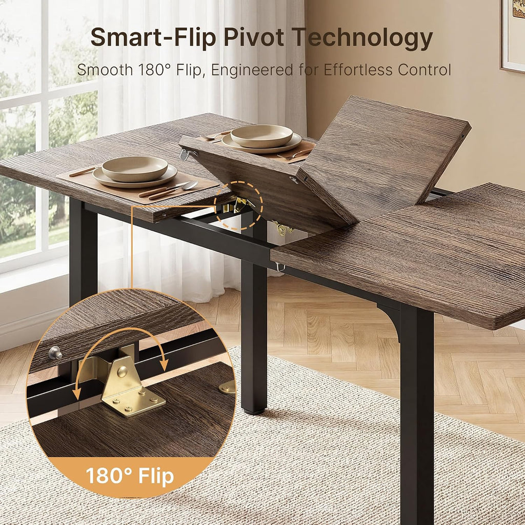 Ahomly 63“ Extendable Dining Table Set with 180° Smart-Flip Pivot, Gray | Dining Table Set for 4,Kitchen Table with Bench,Small Dining Table,Perfect for Small Space,Dinner Room Table Set for 6