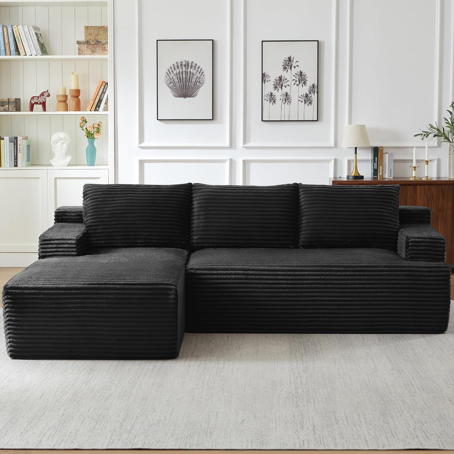 Eafurn 96" L Shaped Cloud Sectional Couch with Chaise, Deep Seat Modular Sectional Sofa Corduroy Memory Foam Sofa Couches for Living Room Bedroom, No Assembly Required, Black