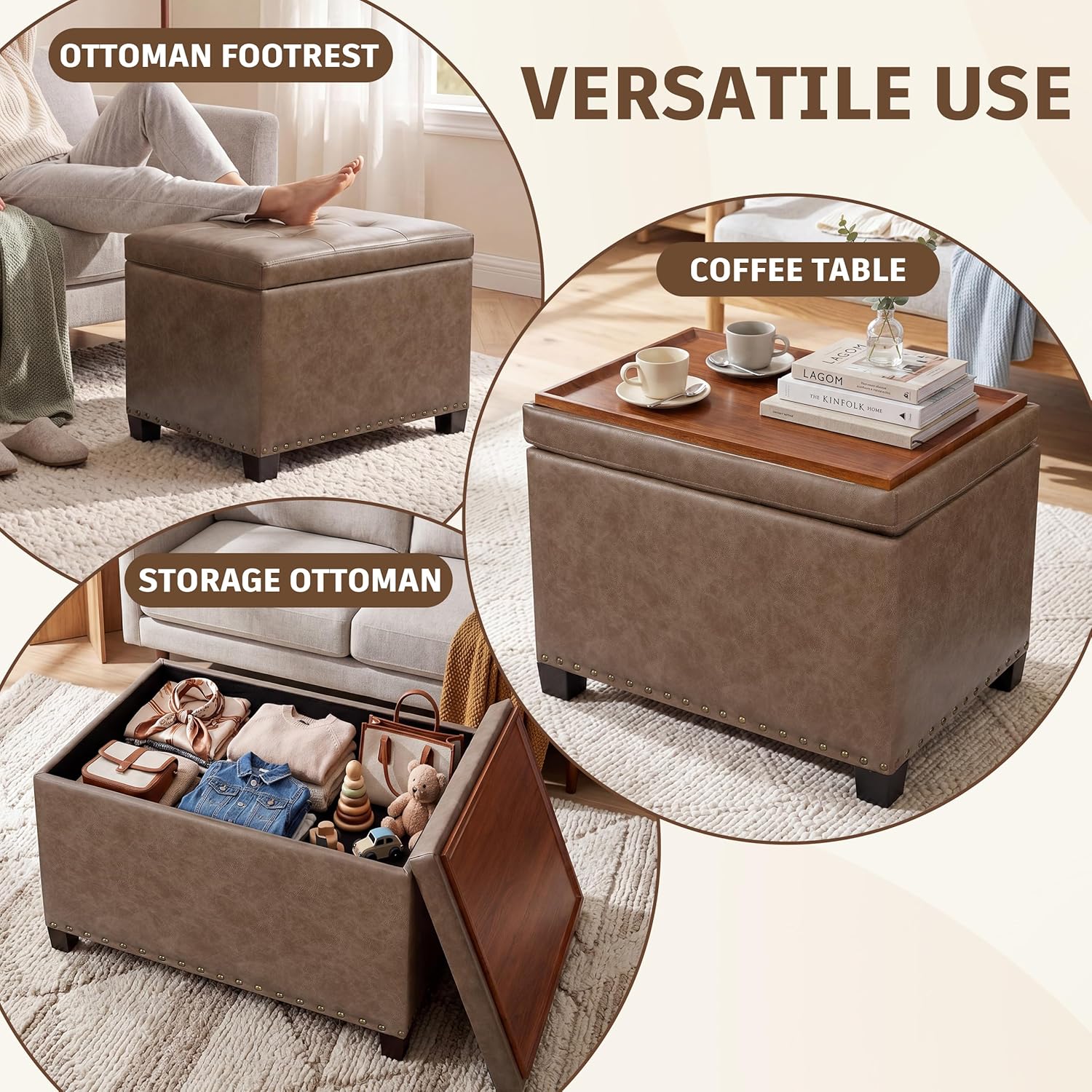 Homebeez 22" Storage Ottoman Coffee Table with Flip Top Tray, Tufted Faux Leather Footrest Stool with Nailhead Trim, Large Foot Rest for Living Room, Taupe Brown