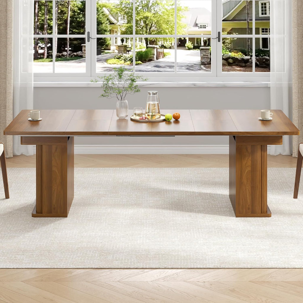 39-94 inch Extendable Dining Table for 4-10, Rectangle Expandable Long Kitchen Table with Fluted Sliding Doors, Double Tier Storage, Modern Square Dinner Table, Living Room, Farmhouse, Walnut