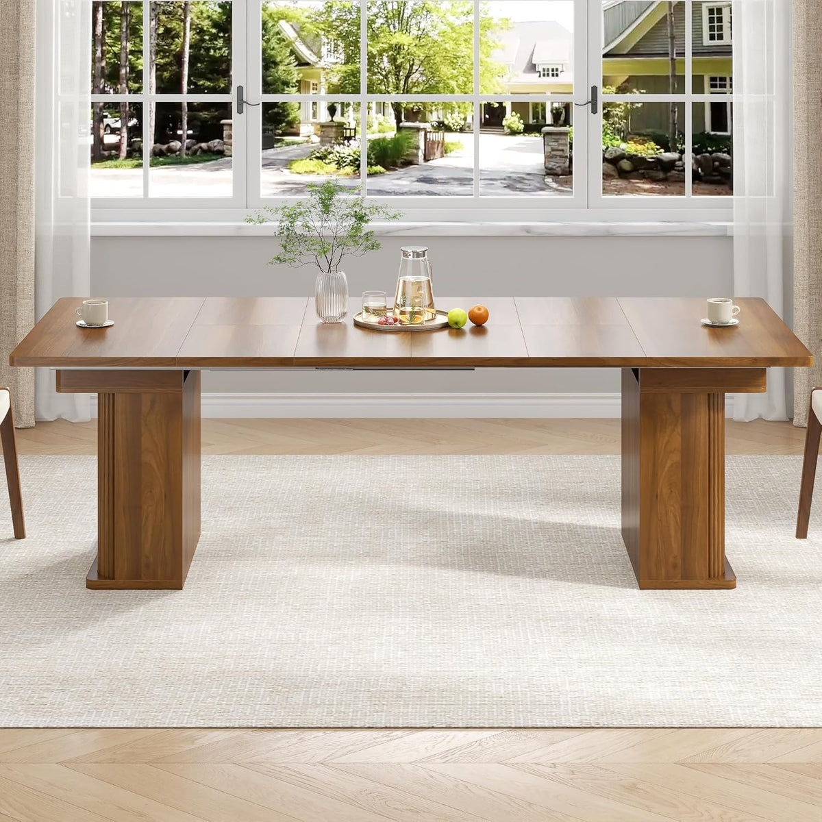 39-94 inch Extendable Dining Table for 4-10, Rectangle Expandable Long Kitchen Table with Fluted Sliding Doors, Double Tier Storage, Modern Square Dinner Table, Living Room, Farmhouse, Walnut
