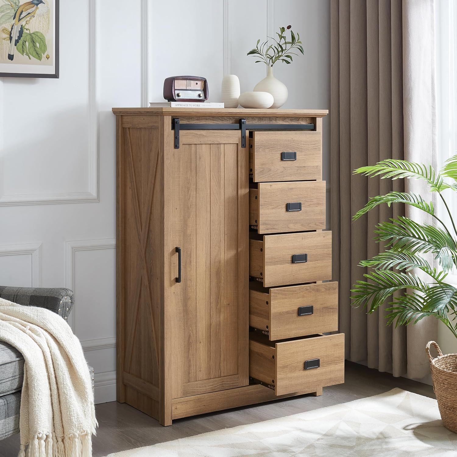 Elountik Farmhouse Modern Tall Dresser with Sliding Barn Door and 5 Drawers, Storage Organizer for Bedroom, Living Room, Hallway, Kids Room in Oak Finish