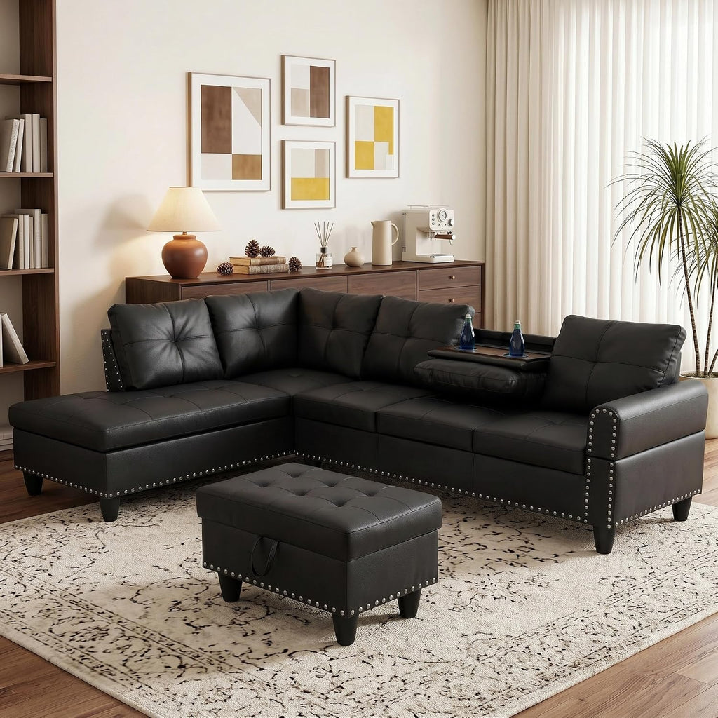 Leather L-Shaped Couch Set, 97.5"L x 69.5"W Sectional Sofas Black | Synthetic PU Leather, Stain-Resistant, 4 Seat Modular Couches with Storage Ottoman& Chaise,Apartment/Office/Living Room
