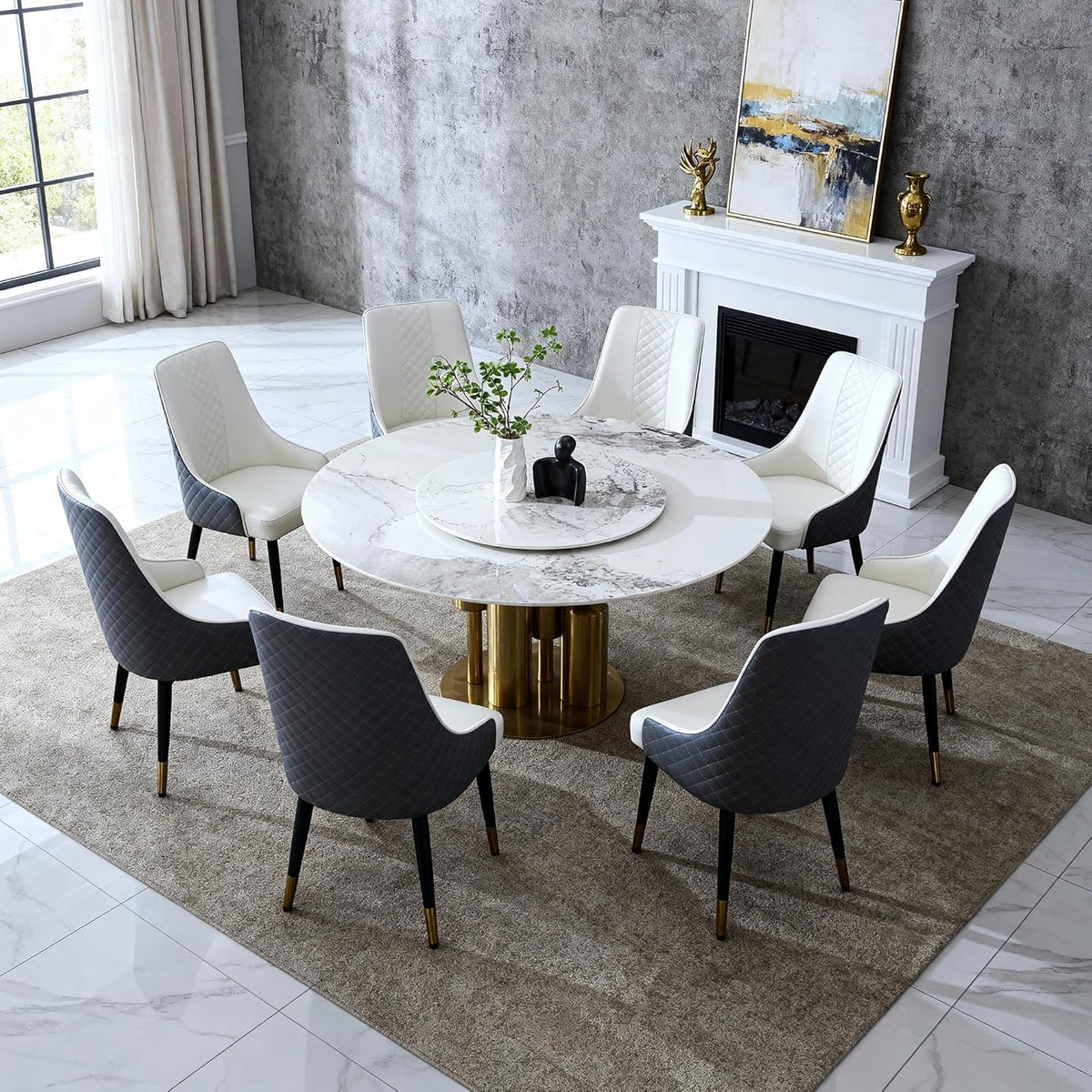 Montary 9 Piece Modern Dining Table Set of 8, Round 59" D Faux Marble Kitchen Table with Lazy Susan, Sintered Stone and Metal Dining Room Table with 8 Dining Chairs, for Home, Living Room