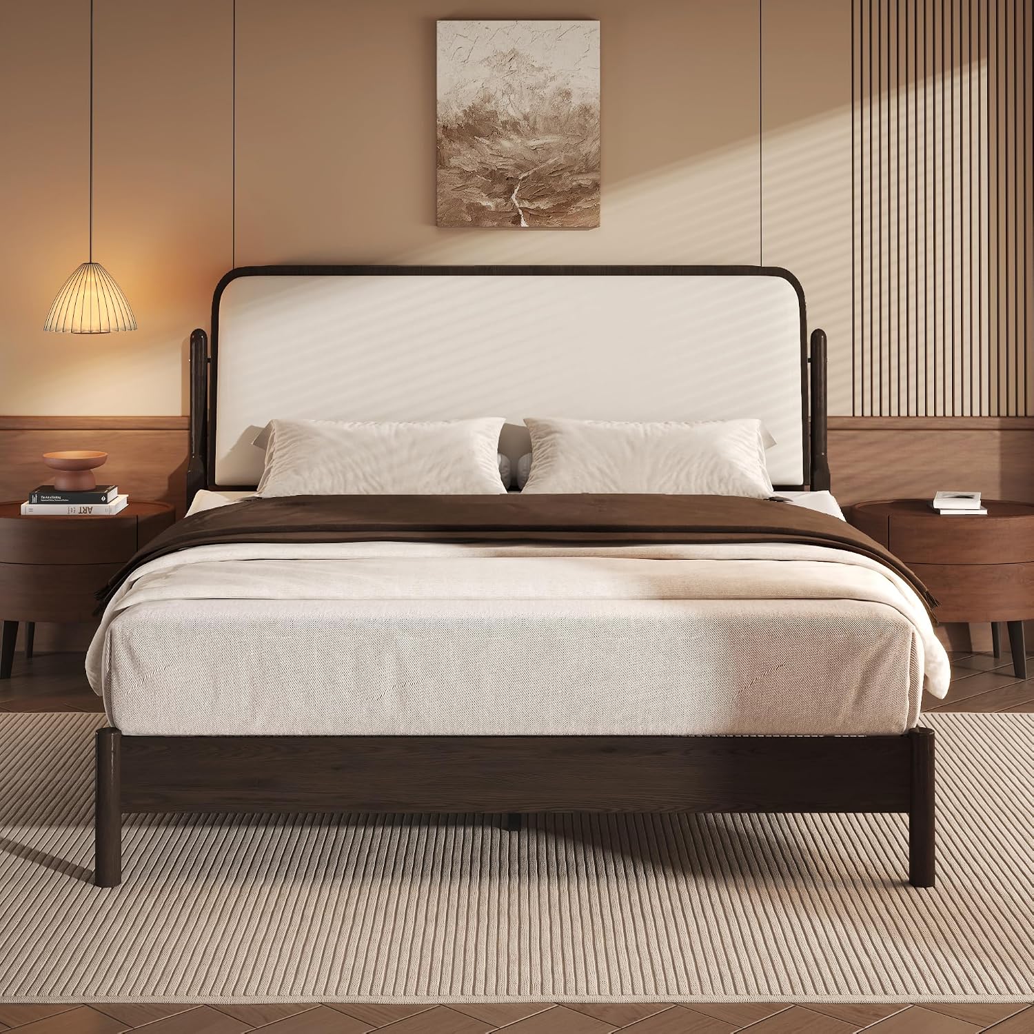 Lifezone Queen Bed Frame with Upholstered Headboard, Solid Wood Bed Frame Queen Size with Ergonomic Design Headboard, Wood Slats Support, Noise-Free, Easy Assembly,No Box Spring Needed, Walnut