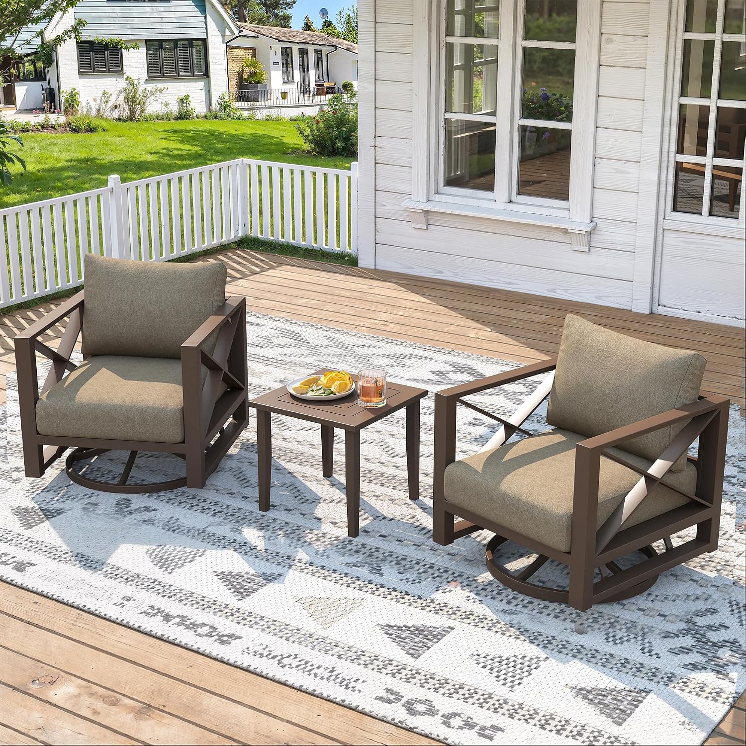 3 Piece Patio Outdoor Aluminum Swivel Rocking Chair with Coffee Table and 6" Thickened Cushions, All Weather Outdoor Furniture Chairs for Garden, Poolside, Deck-Brown