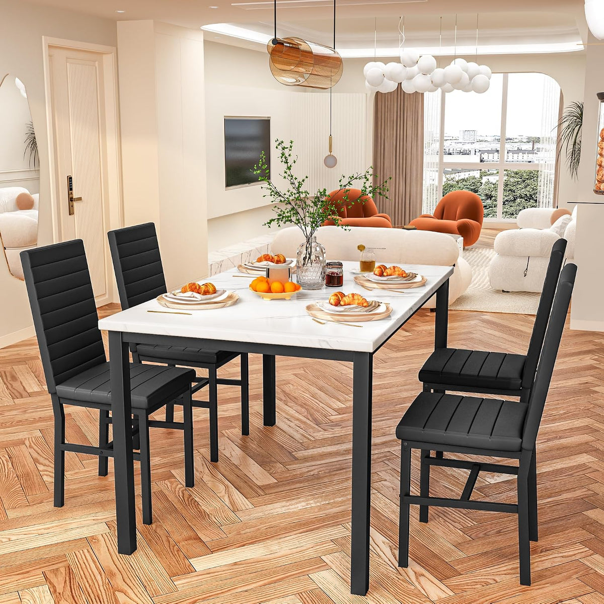 Hooseng Dining Table Set for 4, 5-Piece Faux Marble Dinner Table Set with 4 Upholstered PU Leather Chairs Kitchen Table Chairs Set Modern Space-Saving Dinette Set for Breakfast Nook Apartment Black