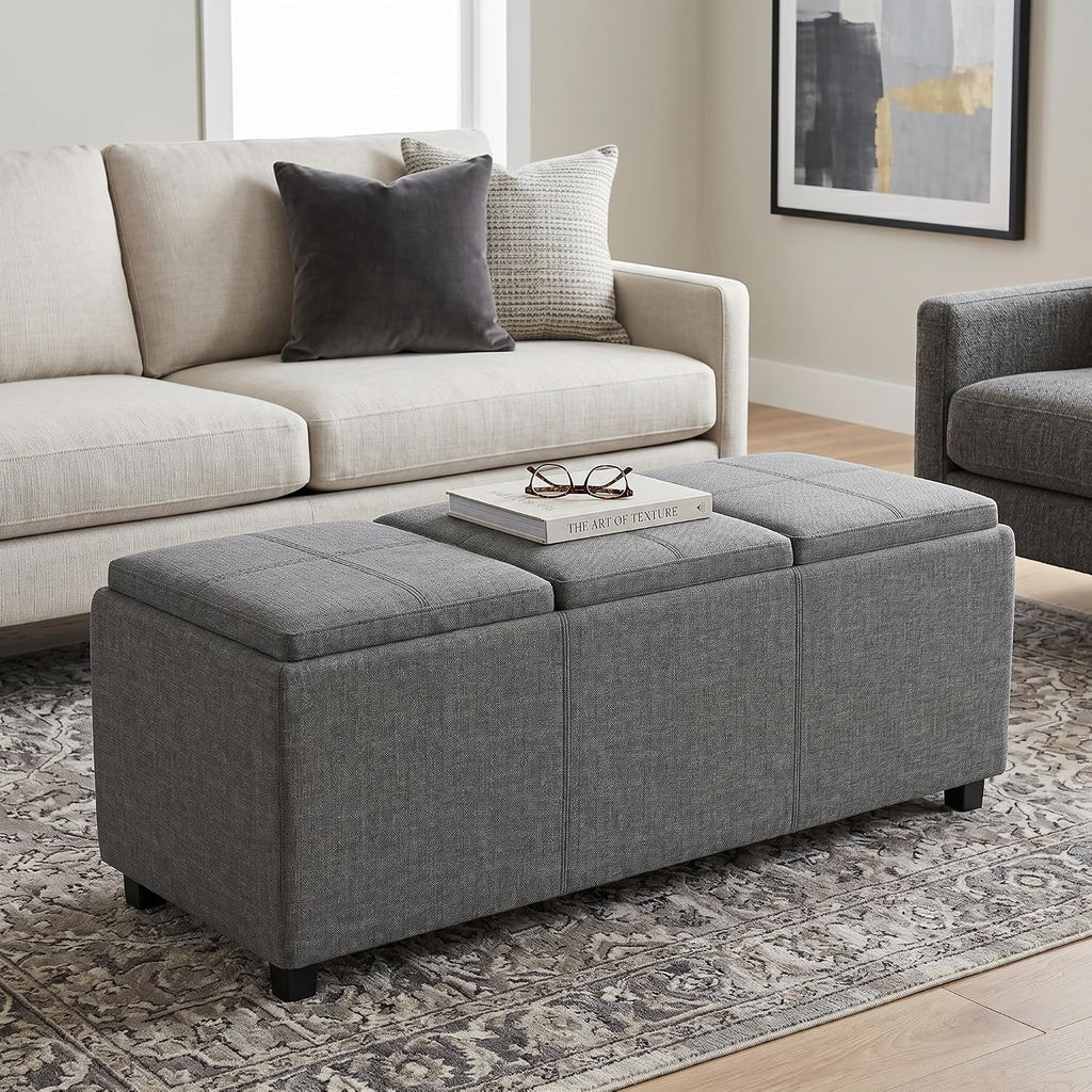 SIMPLIHOME Avalon 42" Wide Linen Look Fabric Storage Ottoman in Slate Grey