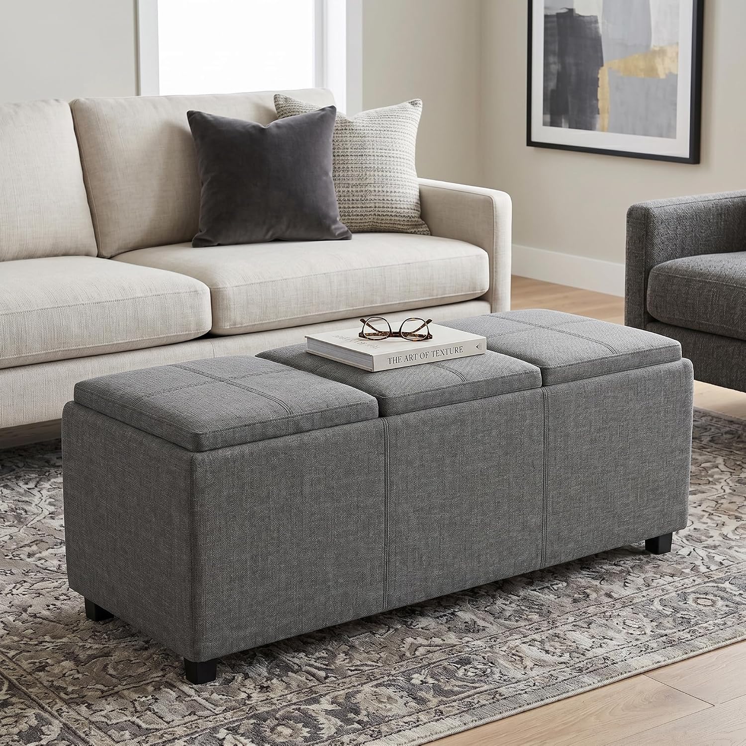 SIMPLIHOME Avalon 42" Wide Linen Look Fabric Storage Ottoman in Slate Grey