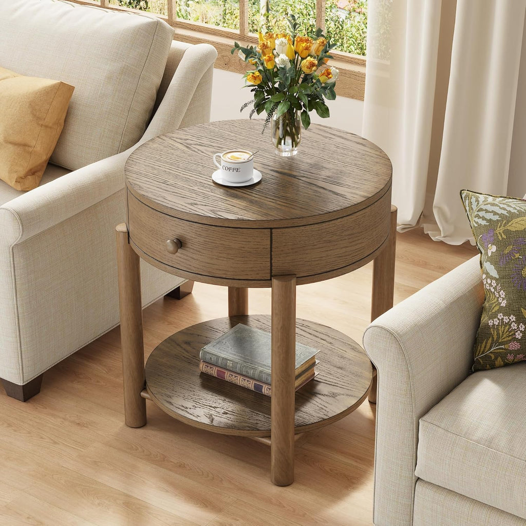 Solid Wood 24" Round End Table with Drawer, 2-Tier Small Sofa Side Table with Open Storage Oak Wood Accent Corner Table Modern Nightstand with Shelf for Living Room Bedroom Office, Brown, 24x25.16in