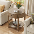 Solid Wood 24" Round End Table with Drawer, 2-Tier Small Sofa Side Table with Open Storage Oak Wood Accent Corner Table Modern Nightstand with Shelf for Living Room Bedroom Office, Brown, 24x25.16in