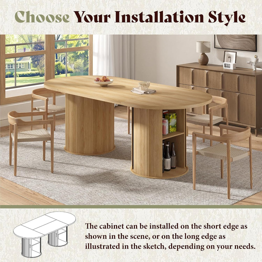 AMERLIFE 86.6" Modern Oval Dining Table with Hidden Storage, Extra Long Wooden Dining Room Table with Cylindrical Fluted Base, Seats 6-8, Natural Wood